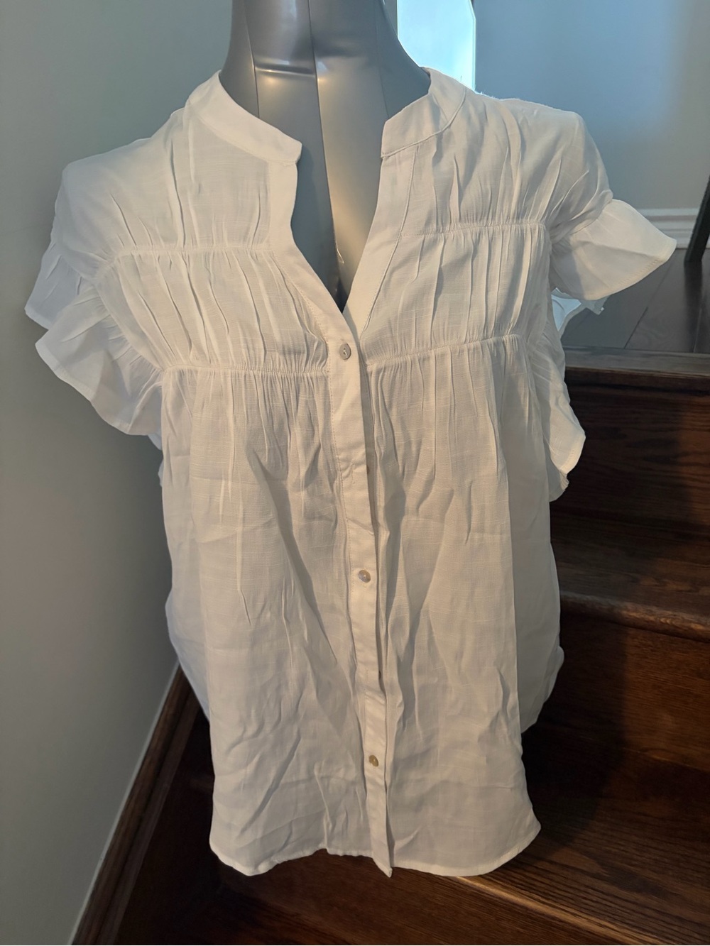 Cozy Casual White Ruffle-Sleeve Button Front Blouse